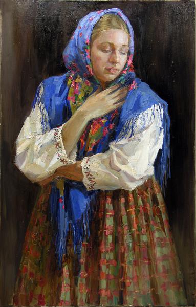 Polina & Dmitry Luchanov. Russian girl in a blue scarf 80-120cm. oil on canvas 2009