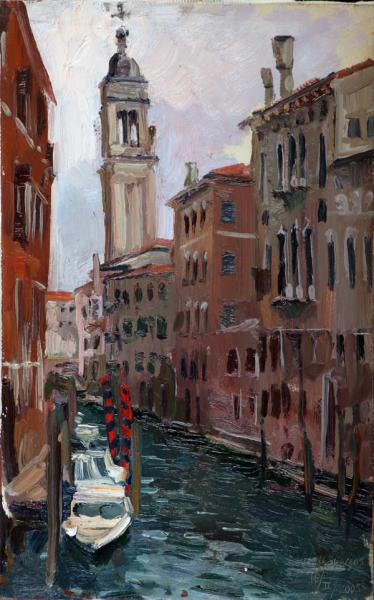 Polina & Dmitry Luchanov. View of the Greek Orthodox church bell tower in Venice, oil on canvas 25-40cm 2005