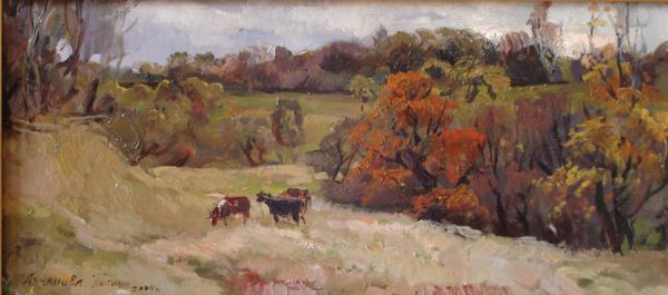 Polina & Dmitry Luchanov. Autumn in the village. oil on canvas 20-35cm. 2004