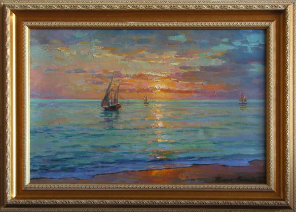 Polina & Dmitry Luchanov. sunset on the sea. sailboats x., m., 40x60 cm 2014-15
