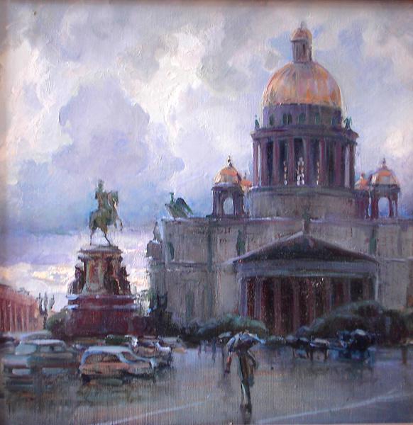 Polina & Dmitry Luchanov. Peter. St.Isaak \'Square in the rain (oil on canvas 40-40cm) 2002