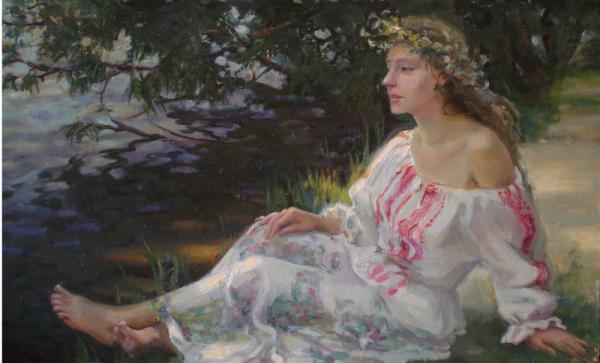 Polina & Dmitry Luchanov. girl in a wreath on canvas 30h60sm. 2001