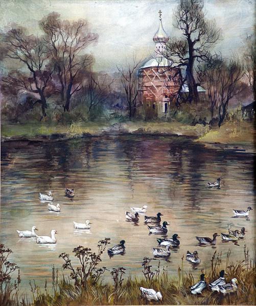 Polina & Dmitry Luchanov. ducks on the lake 50-60cm (tempera painting on silk) 2004