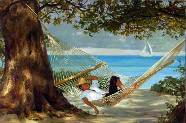 Polina & Dmitry Luchanov. in the shade of a tree in a hammock 60-70cm. oil on canvas